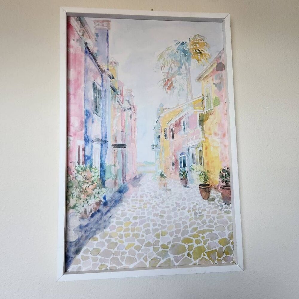Pastel art print cobblestone street in Mexico beach town summer dream vacation h
